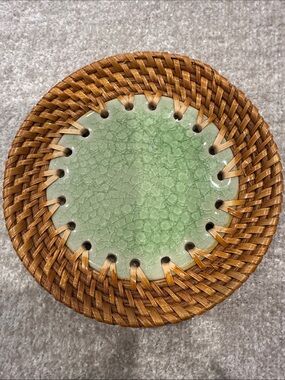 Handwoven Rattan Basket with Light Green Ceramic Insert